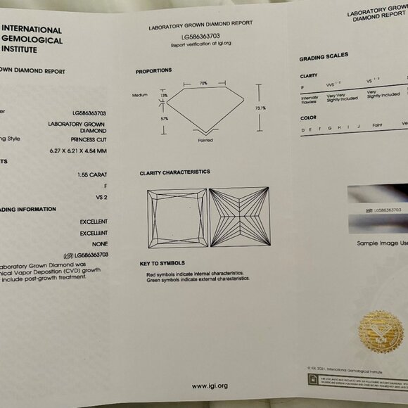 1.55 CT VS2 PRINCESS CUT LAB GROWN DIAMOND ENGAGEMENT RING 14K GOLD - Picture 11 of 11